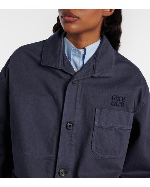 Miu Miu Blue Leather-Trimmed Oversized Cotton Gabardine Jacket