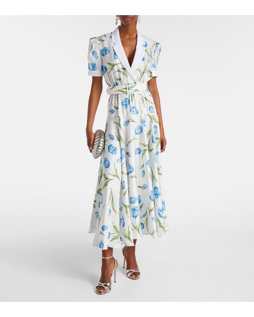 Rodarte Blue Belted Floral Silk Twill Midi Dress