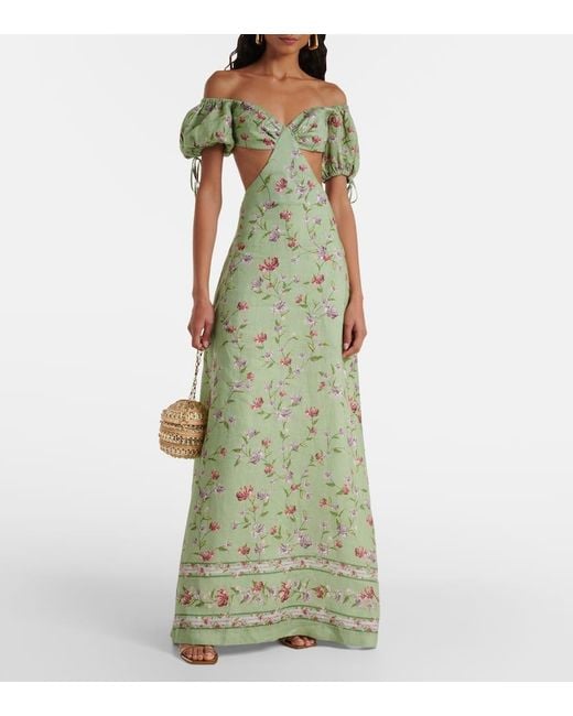 Agua Bendita Green Cielo Honeysuckle Floral Linen Maxi Dress