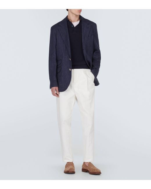 Brunello Cucinelli Blue Striped Linen, Silk And Wool Blazer for men