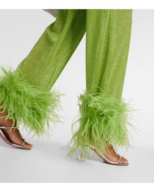 Oseree Green Lumiere Plumage Feather-trimmed Pants