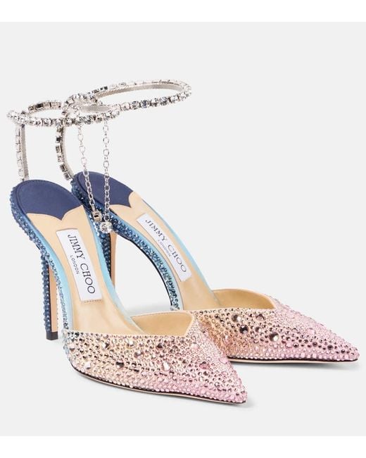 Jimmy Choo Blue Saeda 100 Crystal-Embellished Satin Pumps