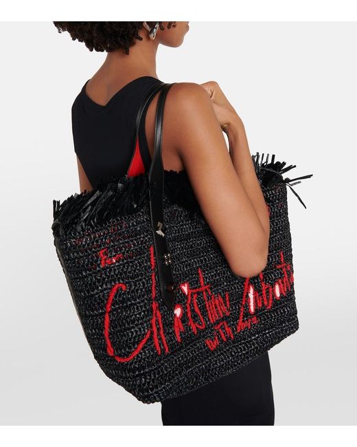 Christian Louboutin Black Frangibus Medium Embroidered Raffia Tote Bag