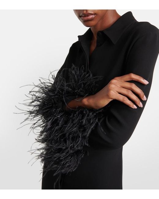 Valentino Black Feather-Trimmed Silk Midi Dress