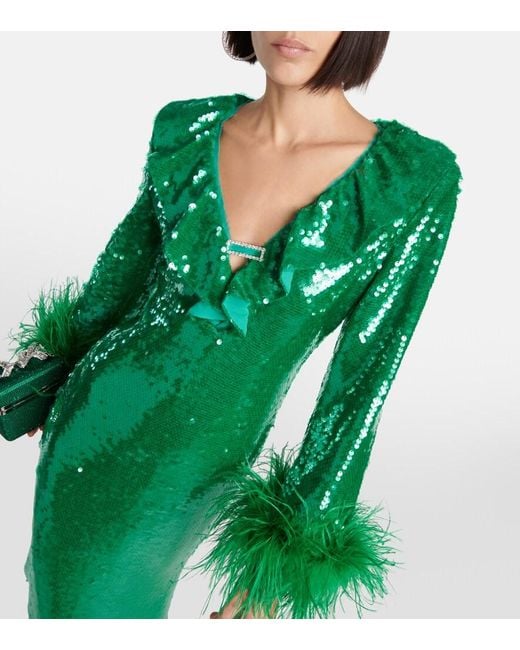 Self-Portrait Green Feather-Trimmed Sequined Midi Dress