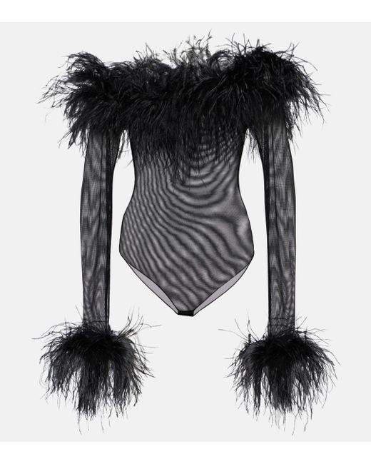 Oseree Black Feather-trimmed Mesh Bodysuit
