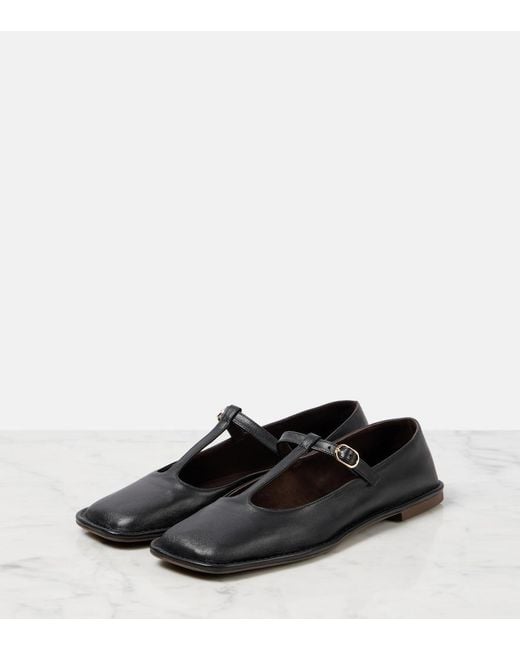 The Row Black Square T-Strap Leather Flats