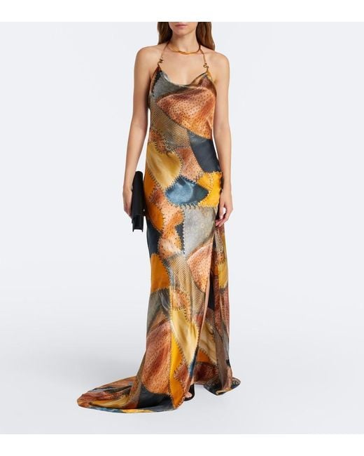 Roberto Cavalli Metallic Draped Printed Silk Satin Maxi Dress