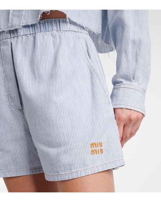 Shorts De Algodon A Rayas Con Logo Miu Miu de color Blue