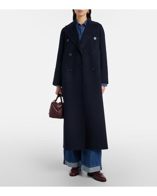 Max Mara Blue Custodi Double-Breasted Virgin Wool Coat