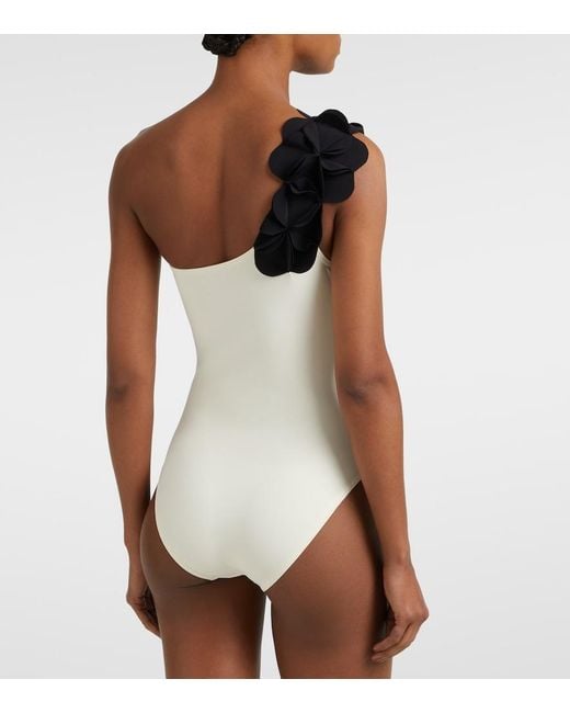 Karla Colletto White Tess Floral-Applique One-Shoulder Swimsuit