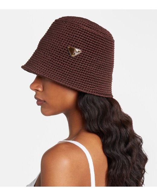 Prada Brown Logo Crochet Cotton Bucket Hat
