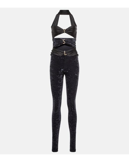 Saint Laurent Ysl Cutout Velvet Jersey Jumpsuit in Black | Lyst