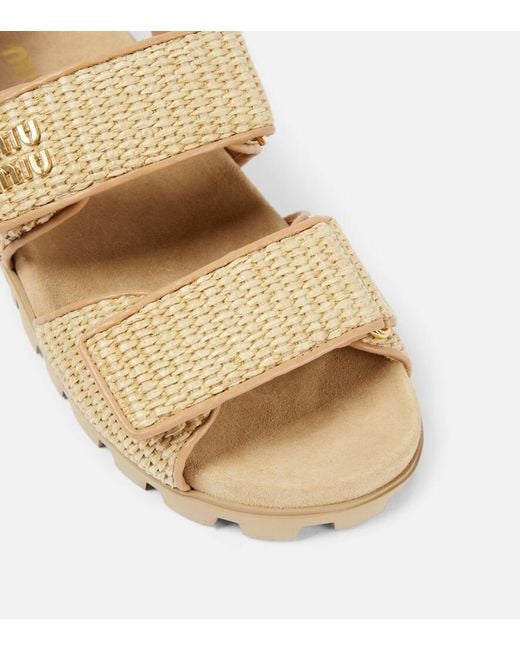 Miu Miu Metallic Logo Leather-Trimmed Raffia Sandals