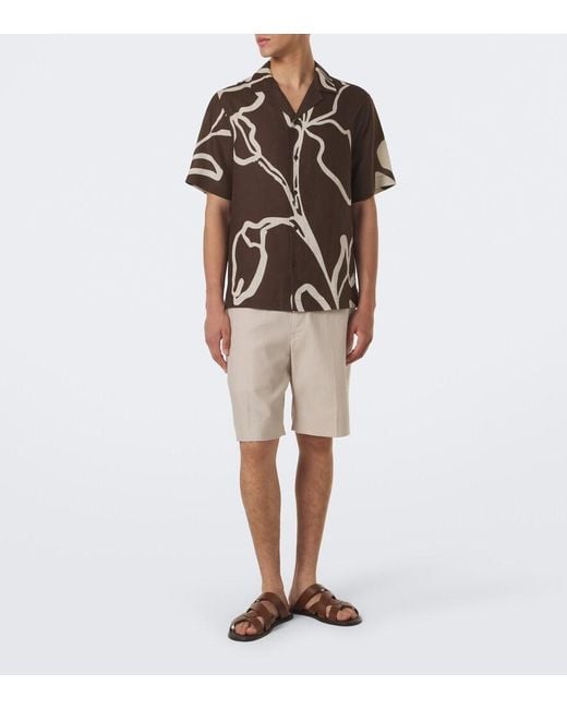 Frescobol Carioca Brown Printed Linen Bowling Shirt for men