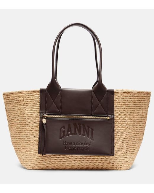 Ganni Brown Faux Leather-Trimmed Raffia Tote Bag