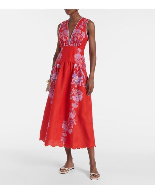 Vestido Midi Porcelain Garden De Lino Floral Farm Rio de color Red
