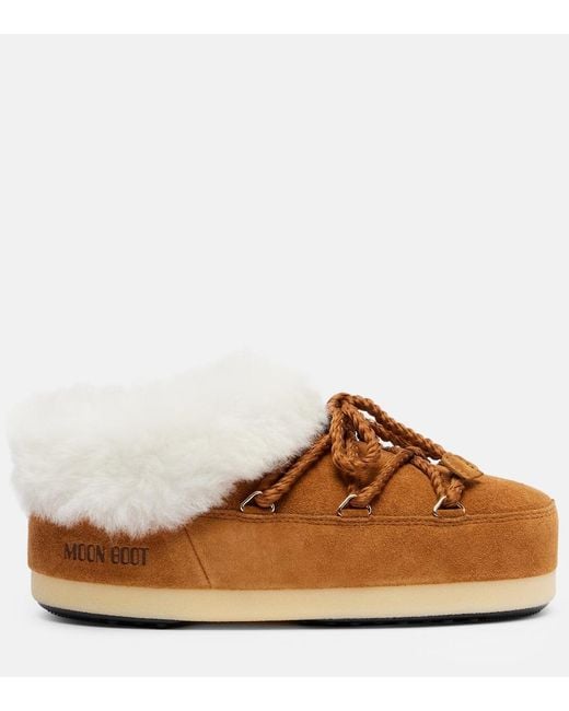 Moon Boot Brown Evx Shearling-Trimmed Suede Mules