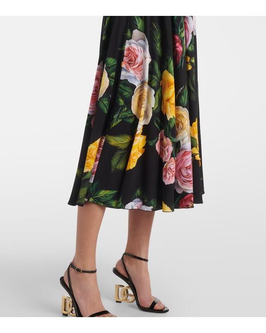 Dolce & Gabbana Black Peony And Rose- Charmeuse Calf-Length Circle Skirt
