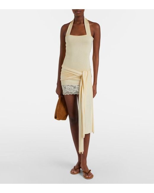 AYA MUSE Natural Lace-Trimmed Halterneck Silk And Cotton Minidress