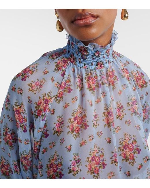 Dolce & Gabbana Blue Floral Ruffled Silk And Cotton Blouse