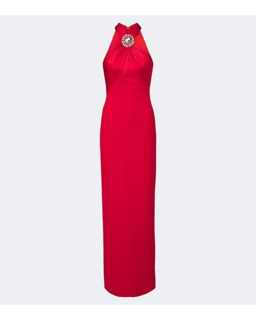 David Koma Red Embellished Halterneck Satin-Trimmed Gown