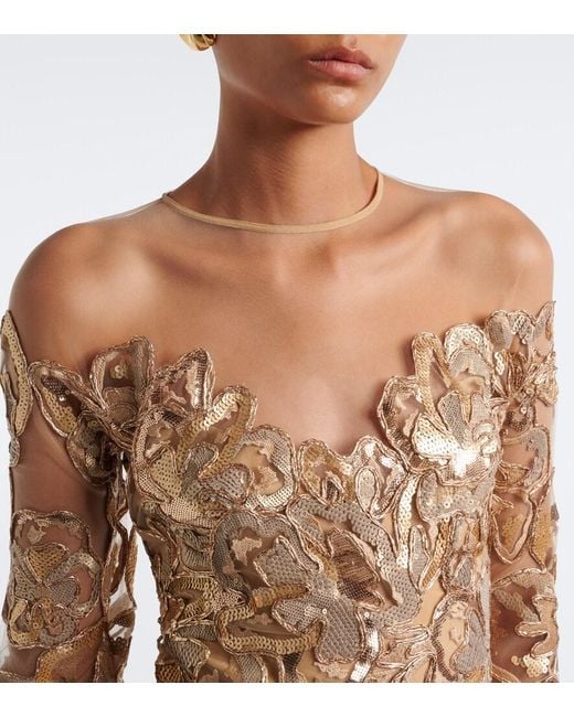 Elie Saab Natural Embroidered Sequined Tulle Gown