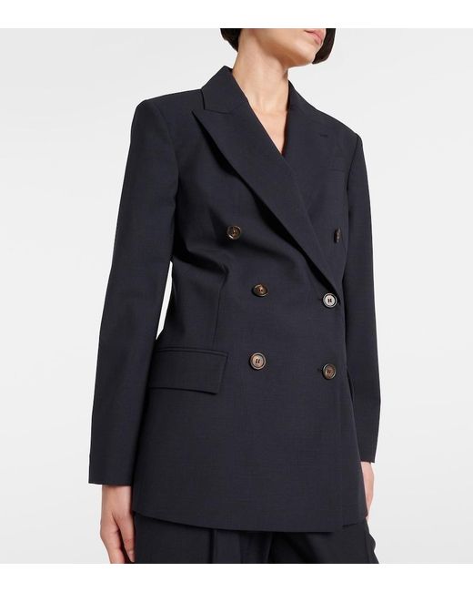 Brunello Cucinelli Blue Double-Breasted Wool-Blend Blazer