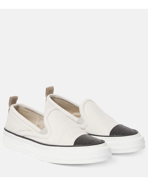 Brunello Cucinelli White Verzierte Slip-ons