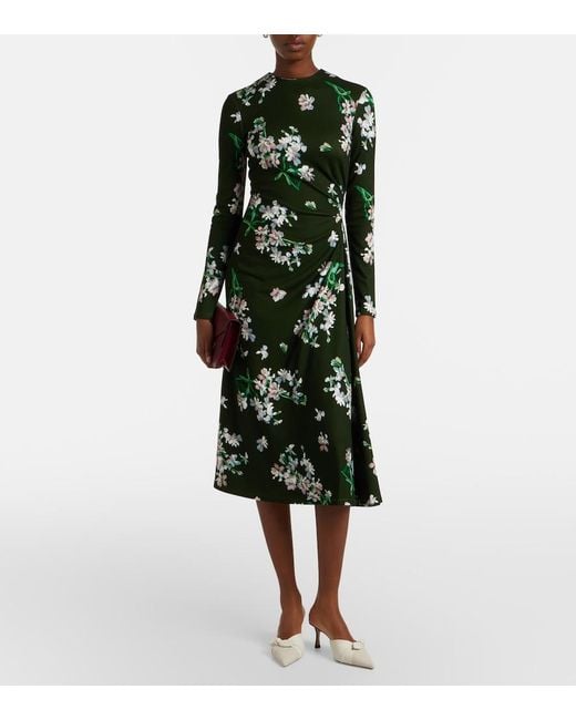 Erdem Green Draped Floral Midi Dress