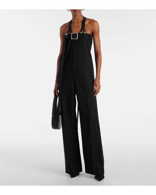Jean Paul Gaultier Black Leather-Trimmed Virgin Wool Jumpsuit