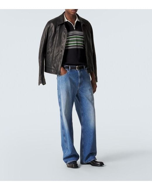 Dolce & Gabbana Black Embroidered Striped Silk And Cotton Polo Shirt for men