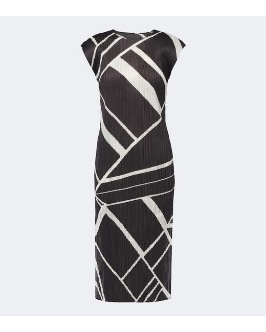 Pleats Please Issey Miyake Black Fold Line Pleated Printed Midi Dress