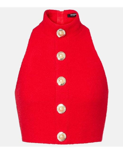 Balmain Red Halterneck Wool-Blend Crepe Top