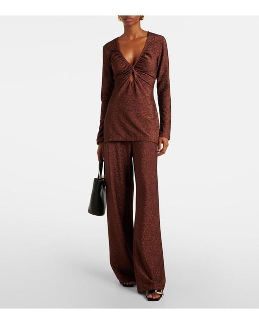Johanna Ortiz Red Lame High-Rise Wide-Leg Pants