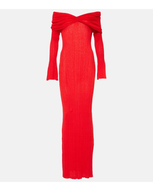AYA MUSE Red Off-shoulder Linen-blend Maxi Dress