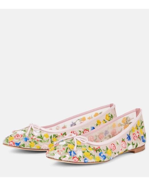 Manolo Blahnik Metallic Verdino Embroidered Mesh Ballet Flats