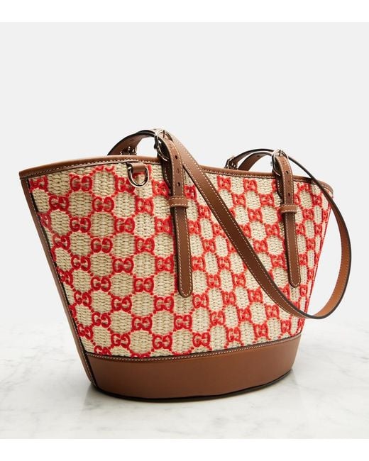Gucci Red Gg Small Raffia-Effect Tote Bag