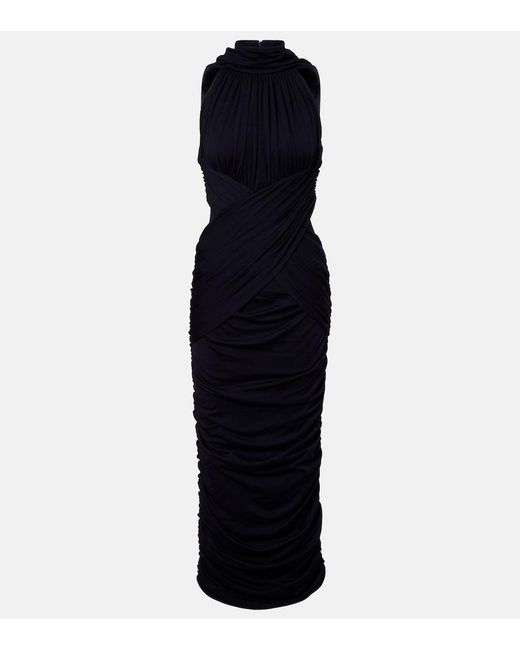 Balmain Blue Ruched Wool Jersey Midi Dress
