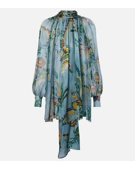 Etro Blue Printed Ruched Silk Top