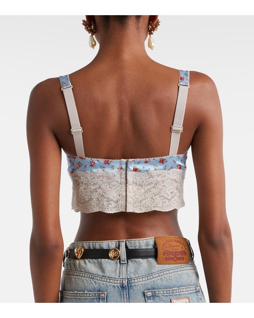 Dolce & Gabbana Blue Floral Lace-Trimmed Silk And Cotton Bra