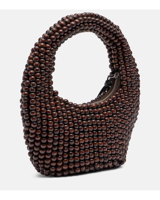 Staud Brown Reef Small Beaded Leather-Trimmed Top-Handle Bag