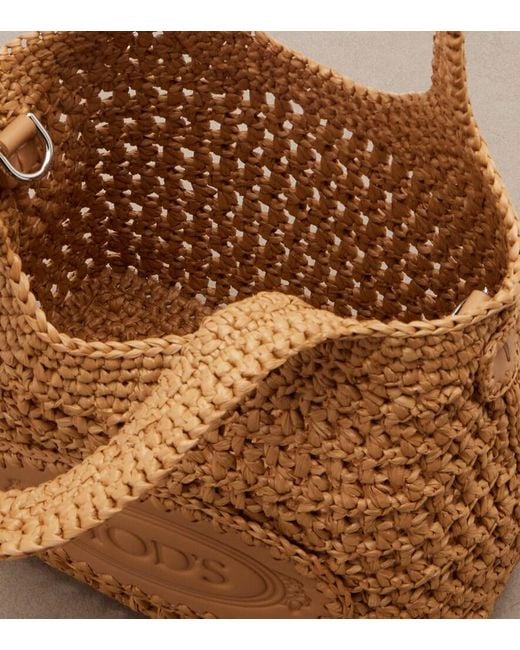 Tod's Brown Logo Leather-Trimmed Raffia Top-Handle Bag