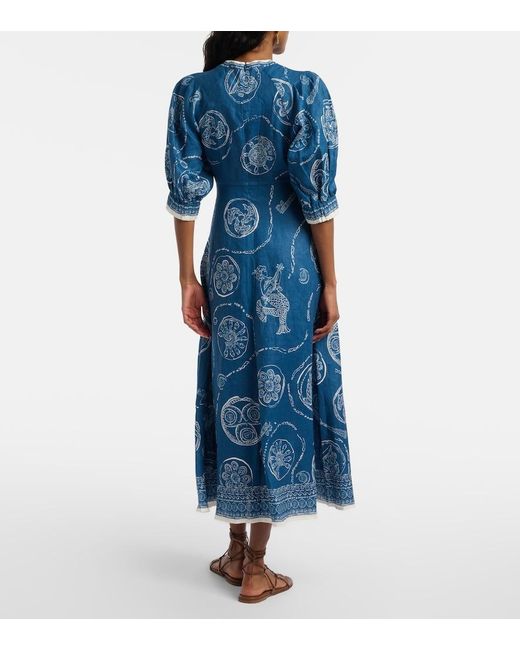 ALÉMAIS Blue Lucky Printed Linen Midi Dress