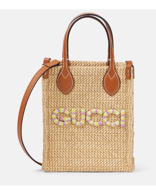 Gucci Brown Mini Logo Raffia Tote Bag