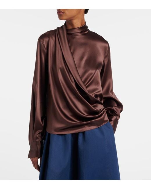 Brunello Cucinelli Brown Draped Silk-Blend Satin Blouse