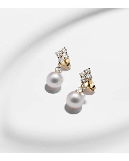 Mikimoto White 18Kt Drop Earrings With Pearls And Diamonds