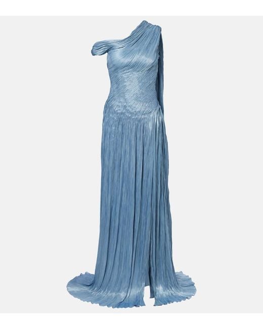 Marmar Halim Blue Draped Pleated Silk Chiffon Gown