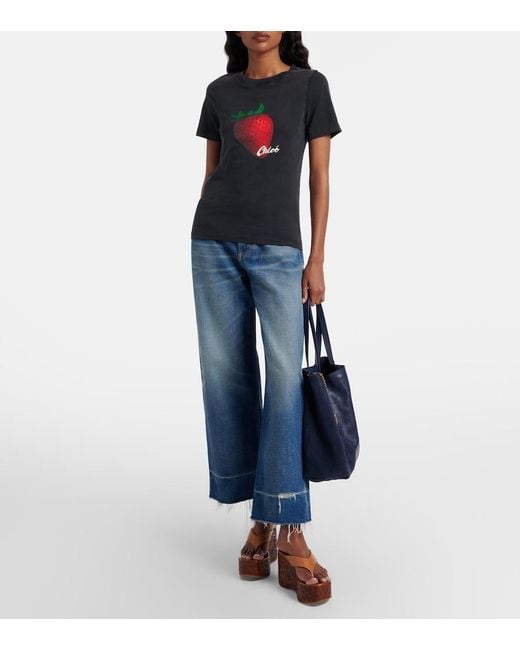 Chloé Blue Distressed Cropped Wide-Leg Jeans