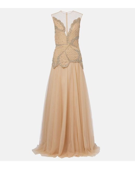Costarellos Natural Arabella Embellished Tulle Gown